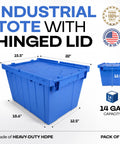 14 Gallon Industrial Plastic Tote Hinged Flip Lid Pack Of 6 showing blue HDPE container with dimensions 22 x 15.5 x 18.6 inches.
