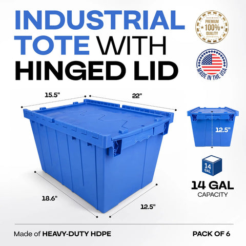 14 Gallon Industrial Plastic Tote Hinged Flip Lid Pack Of 6 showing blue HDPE container with dimensions 22 x 15.5 x 18.6 inches.