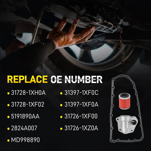 Mechanic with CVT Transmission Filter Oil Pan Gasket Kit and part numbers list with illustration