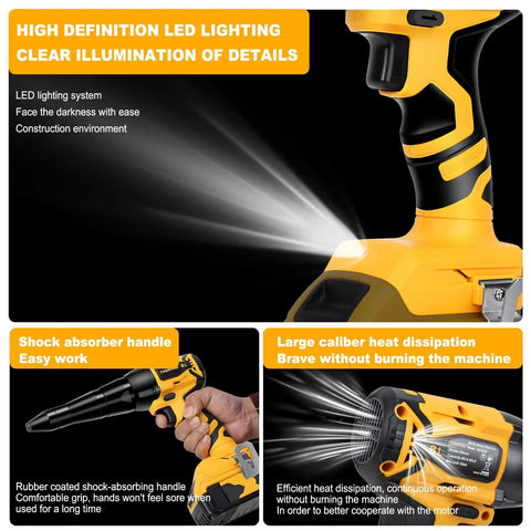 Tronyan Cordless Rivet Gun With Brushless Motor Pulls 2000 Lbs Force For 1/8 5 32 3 16 Inch Rivets Compatible With Dewalt 20v Max Battery Bare Tool showing LED light and shock absorber handle.
