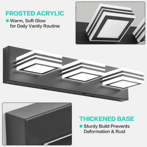 Modern Dimmable Vanity Lights For Bathroom LED Three Light Over Mirror Chrome Bath Wall Fixture With No Fuss 15 Minute Install And Hardwired USA Standard Back Plate, black base, frosted acrylic shades, front view