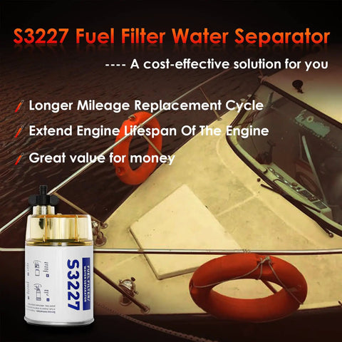 Marine Outboard Fuel Filter Water Separator on boat with clear bowl assembly, highlighting S3227 model for outboard motors.