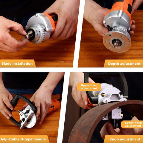 Amazon handheld chamfer tool with orange body and metal head; blade installed, depth and knob adjustments.