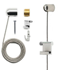 Heavy Duty Steel Cable Picture Hanging Kit With Adjustable Bullet Hooks And Ceiling Mount, parts include wire, hooks, and anchors.