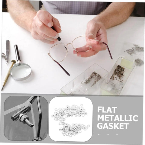Person repairing eyeglasses using 200 Piece Eyeglass Gaskets And Washers Set For Metal Rimless Frames Quick Spectacle Repairs