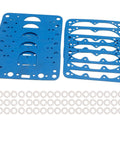 Beefed-Up 8-2000QFT Carburetor Rebuild Gasket Kit For 4150 Series Carburetors, blue fuel bowl and metering block gaskets in pack.