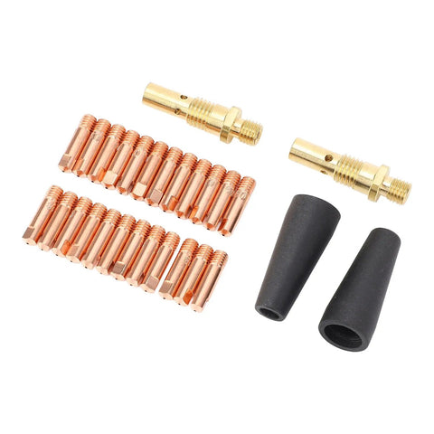 All In One MIG Welding Kit With 24 Tips 2 Flux Core Nozzles 2 Gas Diffusers Premium Copper Brass Teflon Parts 28 Piece Set