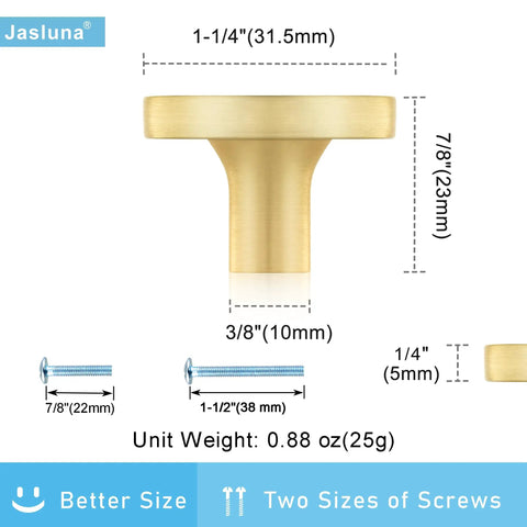 Dimensions and screw sizes for Six Pack Pink Shell Cabinet Knobs Set, 1-1/4 Inch Round Dresser Pulls in Zinc Alloy with Brushed Brass Finish.