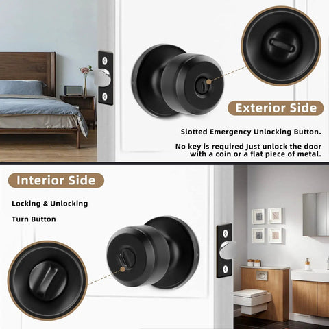 8 Pack Privacy Door Knobs Matte Black Keyless Interior Passage Lockset For Bedroom Bathroom Garage With Round Style Easy Install Adjustable Latch For 2-3/8 And 2-3/4 Backsets Includes Strike Plates And Screws