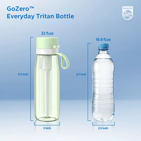 Image of GoZero Everyday Water Filter Bottle 22 Oz BPA Free Tritan Plastic Reusable Bottle With Portable Filter For Travel Green next to standard plastic bottle for size comparison, highlighting its 3 inch width and 9.3 inch height.
