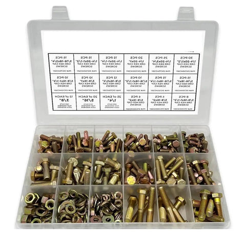 Hardcore Grade 8 Hex Cap Bolts Assortment Kit With Secure Grip Nuts And Washers organized in a clear storage case for easy access.