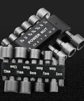 Workhorse 9 Piece Socket Sleeve Set Featuring Hexagonal Wrench Adapters And Pneumatic Extension Rods, 9 hex sockets organized on a holder.