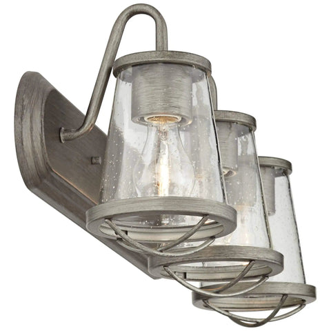Darby 3-Light Bathroom Vanity Light Fixture In Weathered Iron With Clear Seedy Glass Shades, Industrial Rustic Style