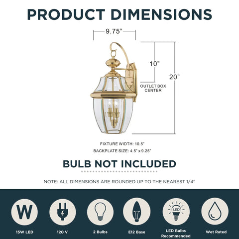 Product dimensions of Newbury 20 Inch Outdoor Wall Lantern Two Light Polished Brass With Clear Beveled Glass E12 Base Classic French Country Style