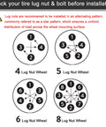 Lug nut installation sequence for 4, 5, 6, and 8 lug nut wheels, advises alternating pattern for Pack Of 20 Half Inch Lug Nuts Open End Bulge Acorn Style Six Spline Sixty Degree Taper Three Quarter Inch Hex Black Rust Resistant Fits Ford F150 F250 Expedition Lincoln Navigator.