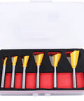 Six Size Dovetail Router Bit Set With 1/4 Inch Shank for Boxes Drawers Chests in case, C3 carbide bits, includes 1/4 to 7/8 inch sizes