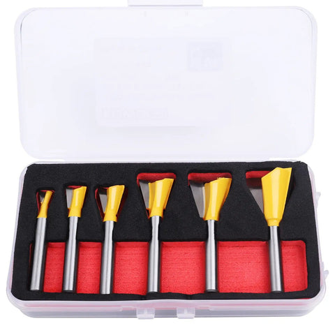 Six Size Dovetail Router Bit Set With 1/4 Inch Shank for Boxes Drawers Chests in case, C3 carbide bits, includes 1/4 to 7/8 inch sizes