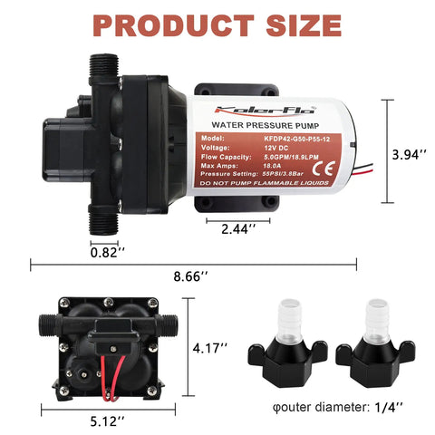 Dimensions of RV Fresh Water Pump 12V DC Self Priming Pressure Booster Pump 5.0 GPM 55 PSI shown with connectors and size details