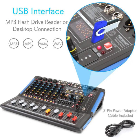 8 Channel Console Style DJ Mixer With Bluetooth For Home Studio And Live Sets Pro DJ Sound Controller close-up of USB interface
