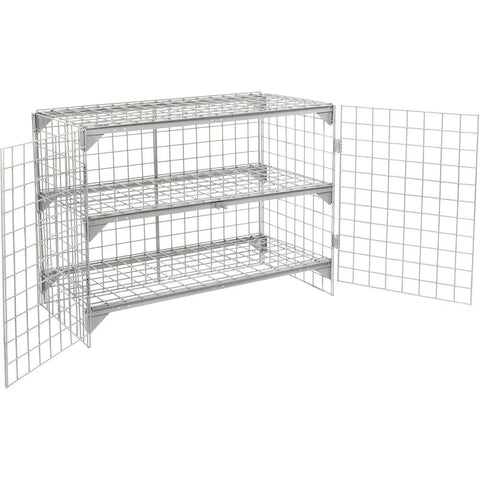 Heavy Duty Commercial Wire Mesh Security Locker With Two Swing Doors, Height Adjustable Shelf Supports, Padlock Ready Latches, Legit Gray Steel Storage Beast For Garage And Job Site with three shelves.
