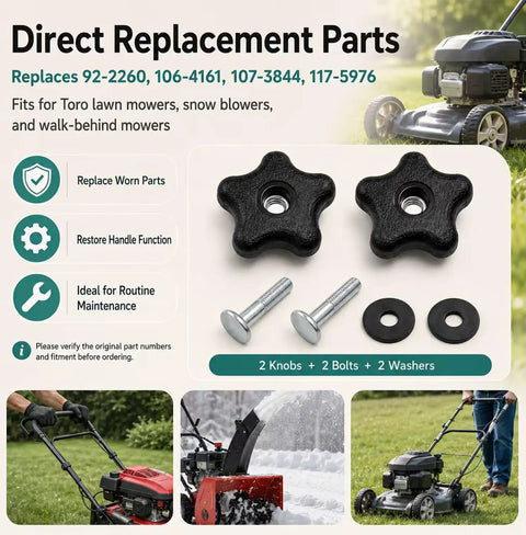 Premium Handle Knob And Screw Bolt Washer Replacement Kit 2 Pack For Toro Lawn Tractors, Direct OEM Fitment Compatible With Models 38583 Through 38515 To Keep Your Mower Rockin Smooth. 2 black handle knobs with bolts and washers for Toro mower handle repair