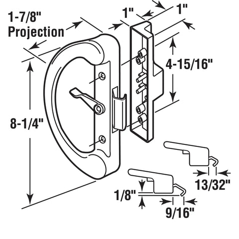 Diagram of Non Keyed Diecast Sliding Glass Door Handle Set in black showing dimensions and components for easy installation.
