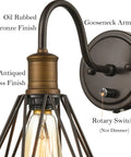 Farmhouse Plug In Wall Sconce Set Of 2 Oil Rubbed Bronze Industrial Gooseneck Lights With Polygon Cage And Easy On Off Switch