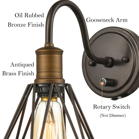Farmhouse Plug In Wall Sconce Set Of 2 Oil Rubbed Bronze Industrial Gooseneck Lights With Polygon Cage And Easy On Off Switch