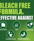 Drain Clog Remover Powder For Kitchen And Bath, Breaks Up Grease Paper Fat And Oil, Septic Safe with bleach-free formula graphic.