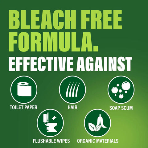 Drain Clog Remover Powder For Kitchen And Bath, Breaks Up Grease Paper Fat And Oil, Septic Safe with bleach-free formula graphic.
