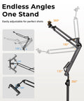 Built Different Overhead Camera Mount With Flexible 360 Ball Head Boom Arm And Universal Multi Device Holder showing adjustable angles.