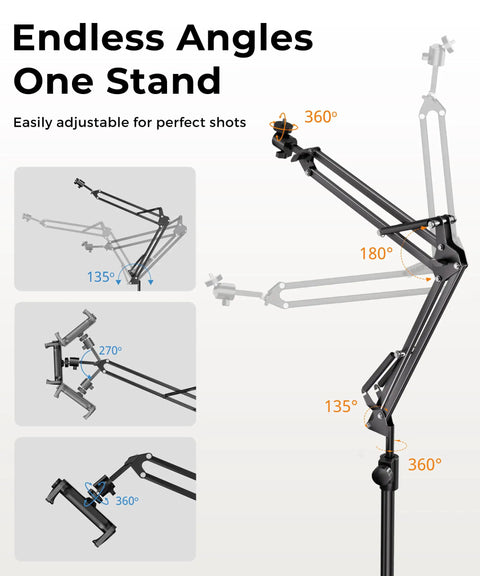 Built Different Overhead Camera Mount With Flexible 360 Ball Head Boom Arm And Universal Multi Device Holder showing adjustable angles.