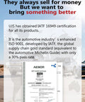 UJS IATF 16949 certification certificate on a background of transparent cars and text about quality commitment.