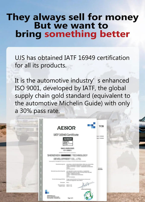 Certification display for IATF 16949, automotive quality standard, featuring documents and text about UJS automotive products.