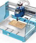 3018 ProVer V2 Desktop CNC Milling Machine For Beginners with limits, emergency stop, Z-axis upgrade, working on a wooden block