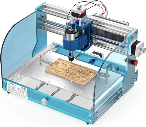 3018 ProVer V2 Desktop CNC Milling Machine For Beginners with limits, emergency stop, Z-axis upgrade, working on a wooden block