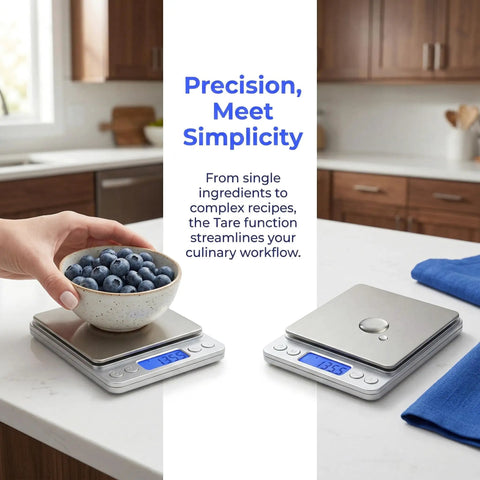 Person using Kitchen Scale 3000G 0.1G Digital Food Scale With LCD Tare Function for weighing blueberries on kitchen counter