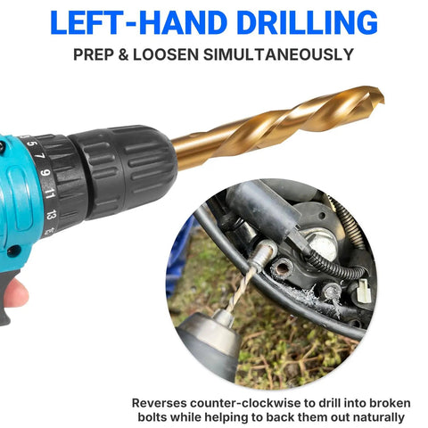 Heavy Duty 35-Piece Screw Extractor And Drill Bit Set For Pulling Broken Studs Stripped Bolts Rusted Seized Fasteners With Left Hand Cobalt Bits in drill use