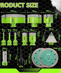 Diamond Tile Hole Saw Kit With 8 Diamond Core Bits Finger Bit Chamfer Bit Adapter And Tile Blade For Porcelain Ceramic Marble Brick Granite Drilling In 6 8 10 25 35 50 75 127 mm, product size chart with all components visible.