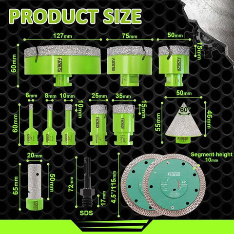Diamond Tile Hole Saw Kit With 8 Diamond Core Bits Finger Bit Chamfer Bit Adapter And Tile Blade For Porcelain Ceramic Marble Brick Granite Drilling In 6 8 10 25 35 50 75 127 mm, product size chart with all components visible.