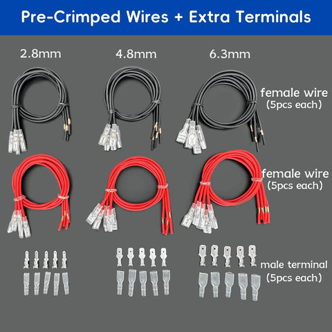 Speaker Wire Connector Kit With 30 Insulated Spade Terminals, red and black wires with terminals for 18AWG cable