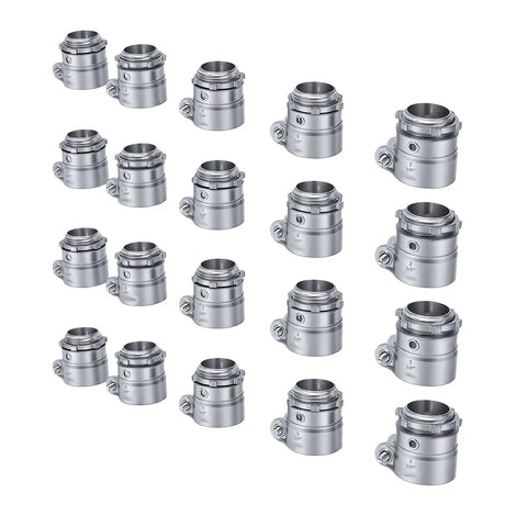 Heavy Duty Three Quarter Inch Conduit Squeeze Connector Fitting Zinc Alloy; 20 fittings arranged for quick installation.