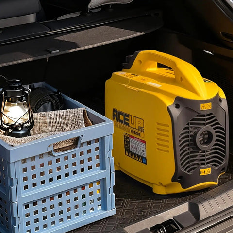 Whisper Quiet 1500 Watt Portable Inverter Generator with 120V AC Outlet USB Type A 12V DC Recoil Start in car trunk