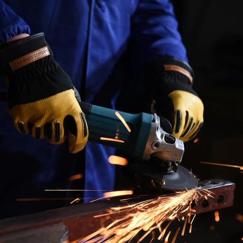 Person using Powerful 7.5 Amp Corded Angle Grinder With 11,000 RPM For Metal Cutting And Grinding, Four And A Half Inch Tool