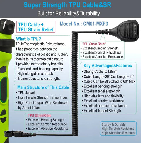 Speaker Microphone For Motorola XPR 3300 And XPR 3500 Series Radios With Noise Reduction, TPU Cable, Strain Relief Features