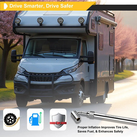 RV on a scenic road with Heavy Duty Large Bore Tire Gauge For Big Rigs And Tractors With 360 Degree Swivel Pro Grade Air Gauge.