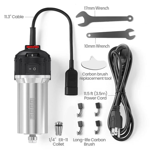 710W CNC Router Spindle Motor With Speed Display And Six Speed Settings, 7,000 To 30,000 RPM, 65mm Diameter, One Quarter Inch ER11 Collet, A Real Workhorse For CNC Routers, Milling And Engraving Machines shown with accessories like cable, wrenches, carbon brushes and collet.