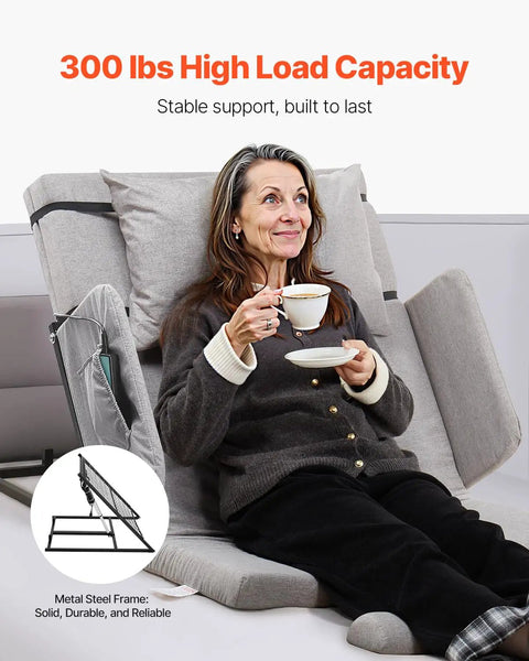 VEVOR Electric Bed Backrest With Rails And Remote, 300 Lb Weight Capacity For Pregnant Women Elders Patients, seated woman with coffee.