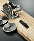 Hidden Door Pivot Hinge Full Rotation For Wood Doors, heavy duty matte black hinge next to a saw and blades on wooden plank.
