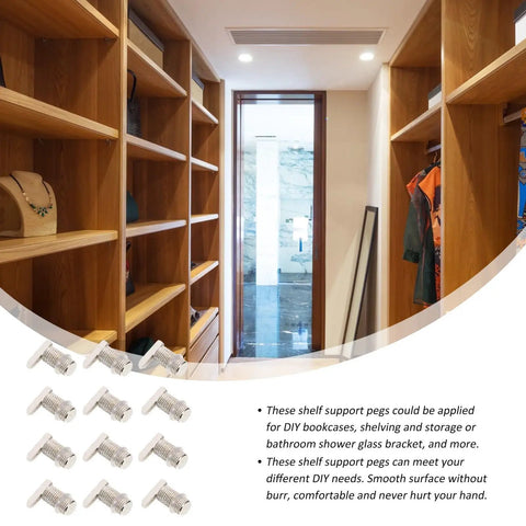 Silver Finish Cabinet Shelf Support Pegs 20 Pack For Cabinets, Bookcases, Closets, and Cupboards in a wooden closet
